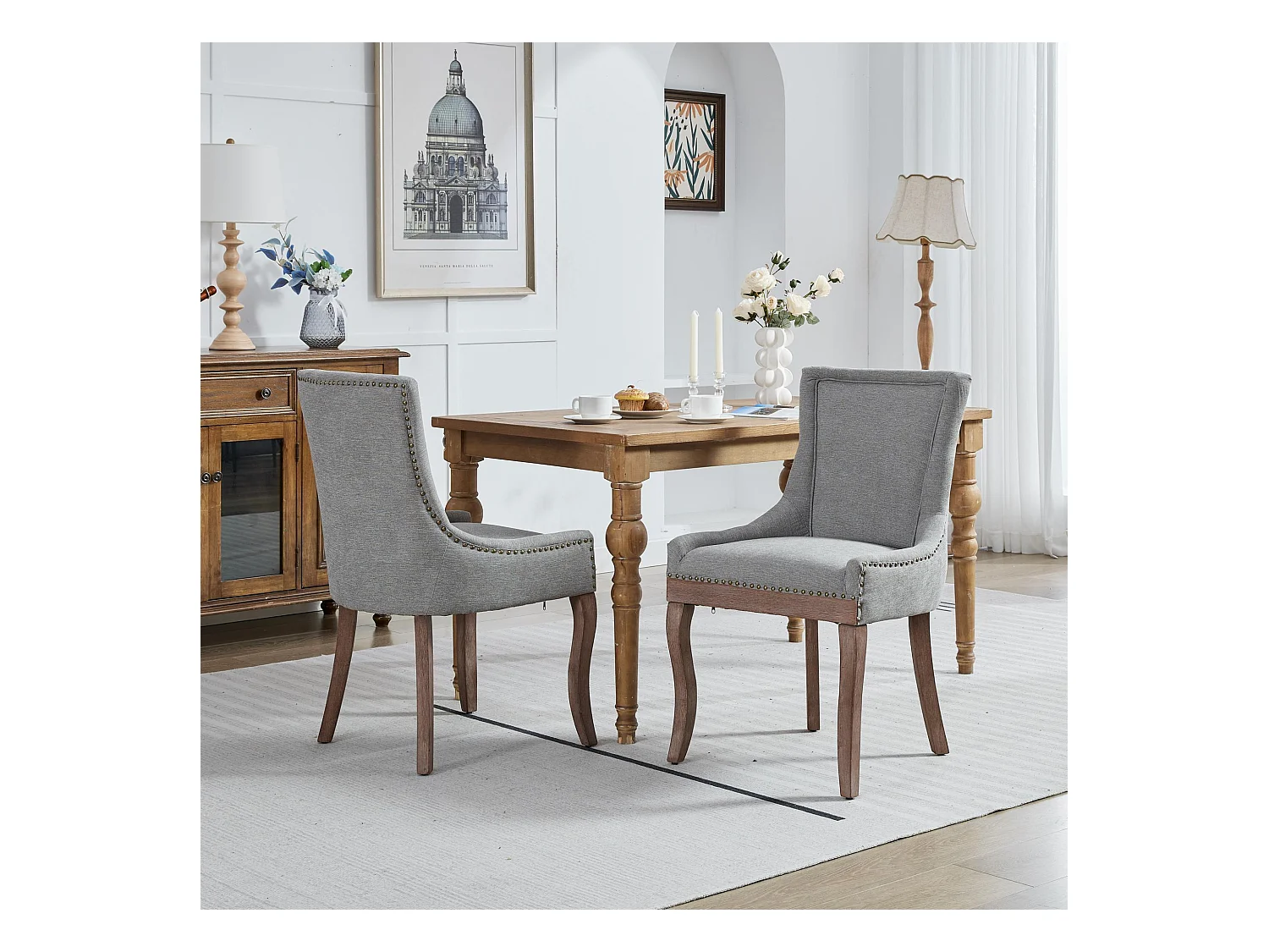 Lot de 2 chaises de salle à manger en chenille grise avec dossier et garniture cloutée, pieds en bois