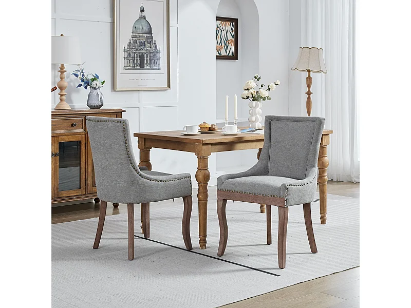 Lot de 2 chaises de salle à manger en chenille grise avec dossier et garniture cloutée, pieds en bois