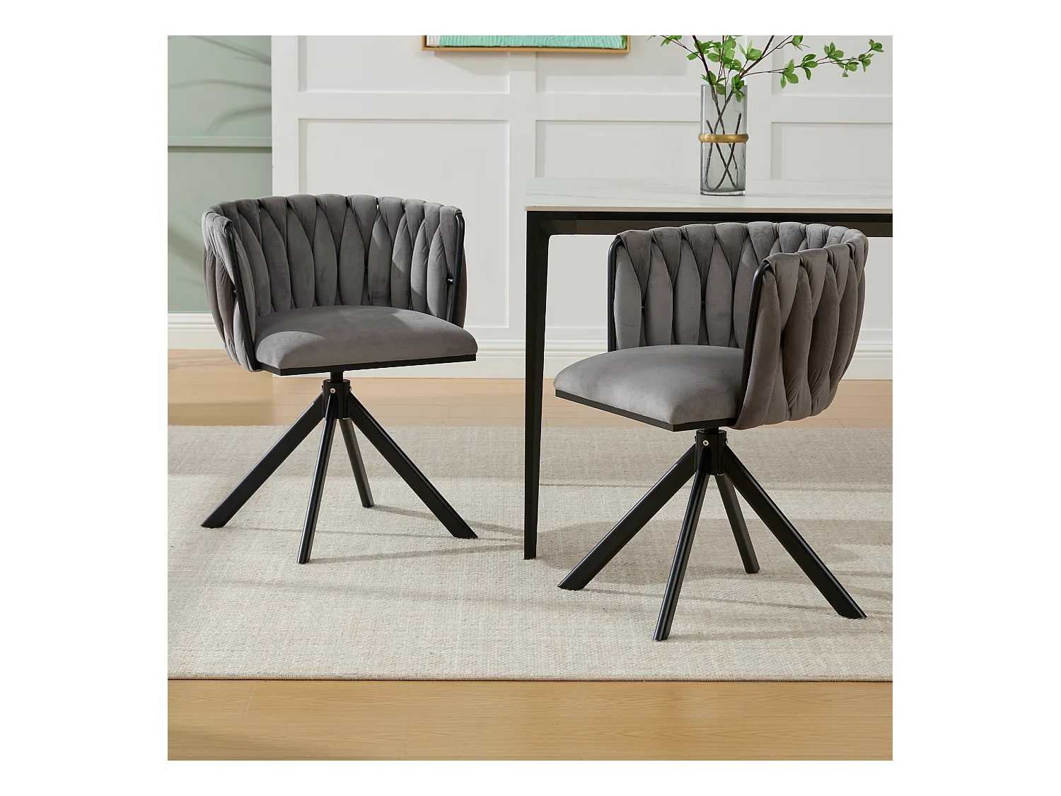 Lot de 2 chaises de salle à manger en velours gris avec fonction pivotante et pieds en métal noir