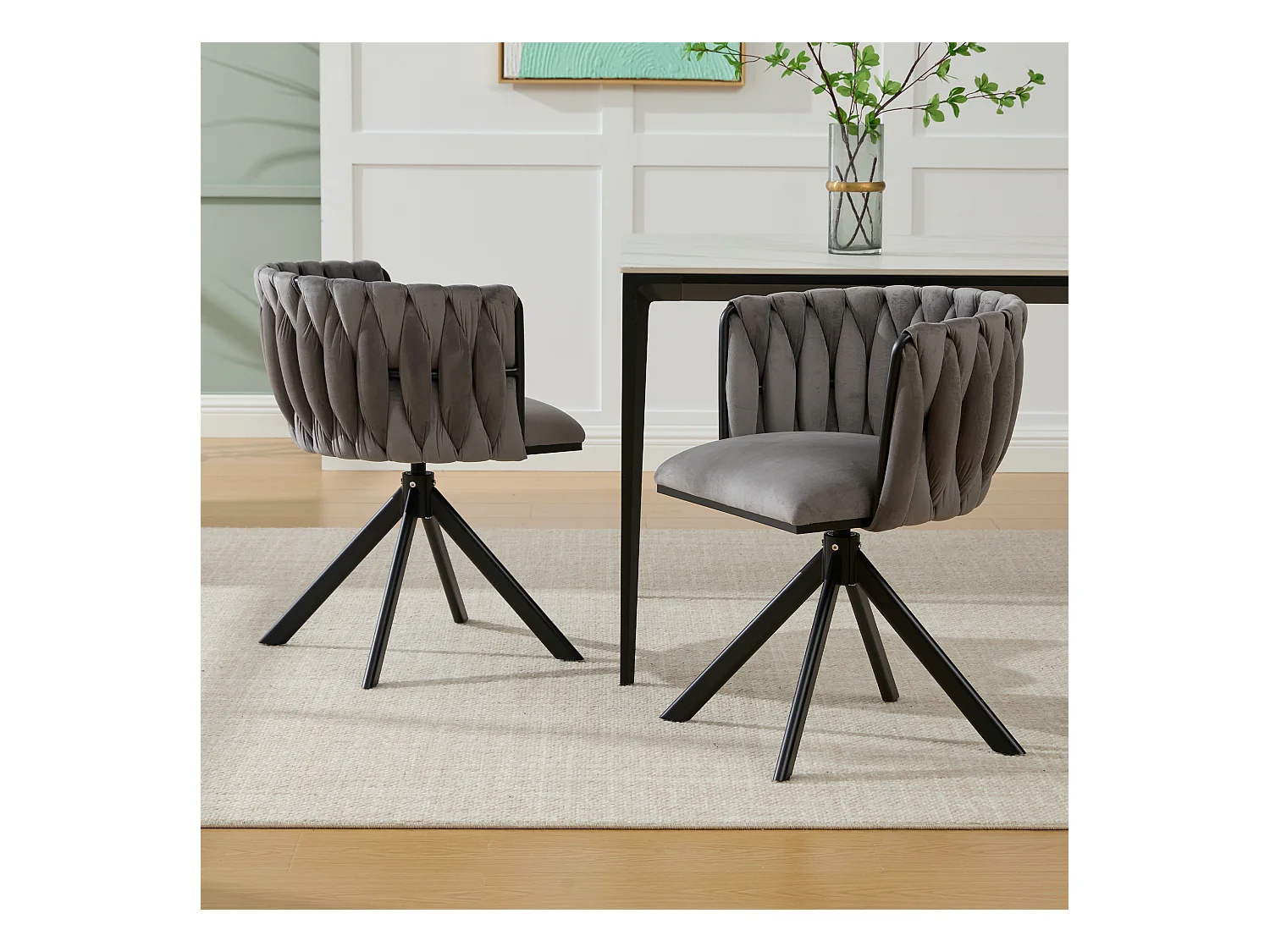 Lot de 2 chaises de salle à manger en velours gris avec fonction pivotante et pieds en métal noir
