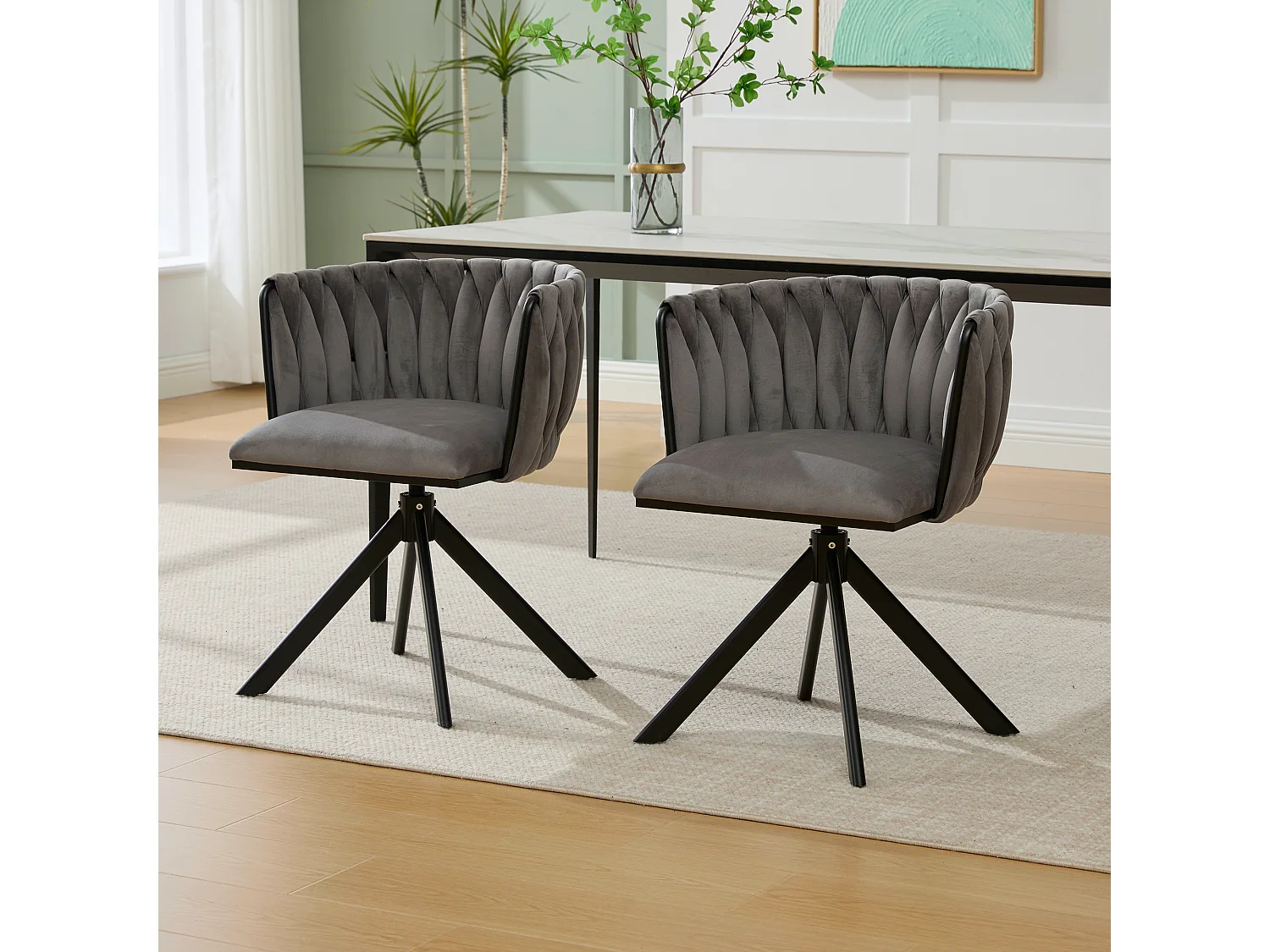 Lot de 2 chaises de salle à manger en velours gris avec fonction pivotante et pieds en métal noir