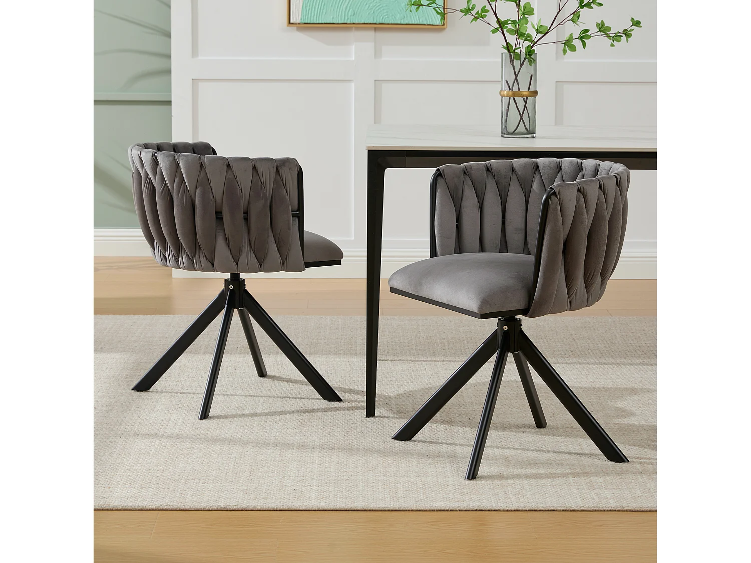 Lot de 2 chaises de salle à manger en velours gris avec fonction pivotante et pieds en métal noir