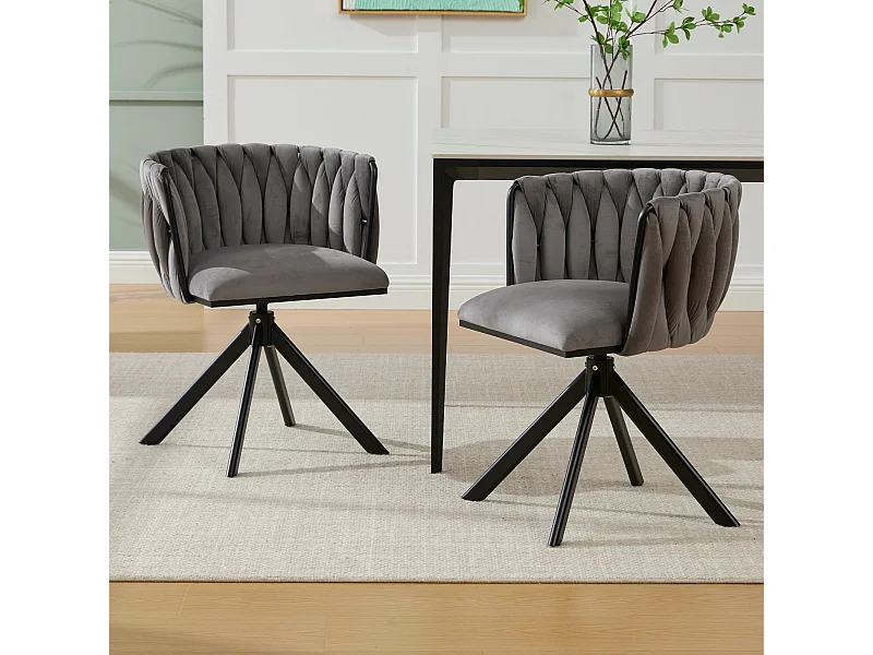 Lot de 2 chaises de salle à manger en velours gris avec fonction pivotante et pieds en métal noir
