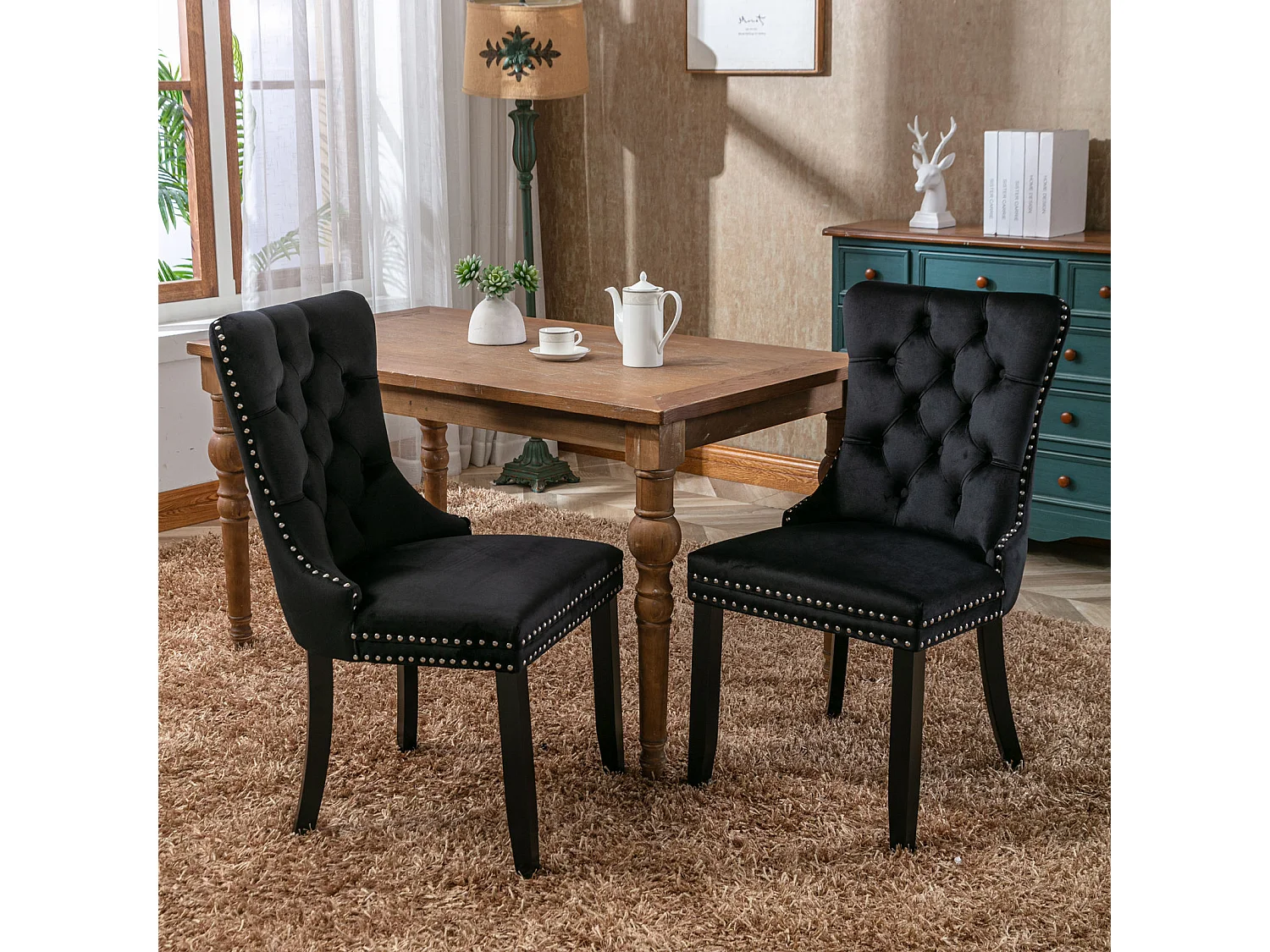 Lot de 2 chaises de salle à manger en velours noir avec garniture cloutée et dossier rembourré