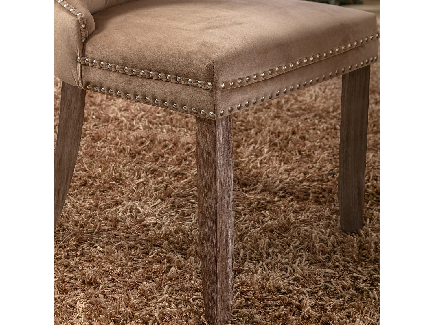 Set van 2 eetkamerstoelen in kaki fluweel met siernagels en gevoerde rugleuning