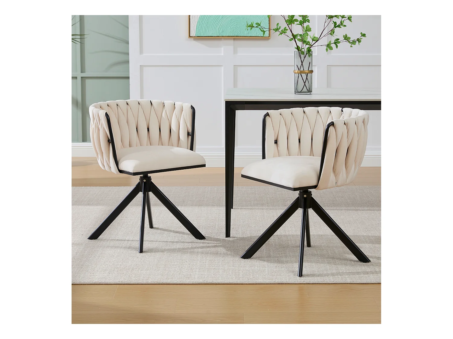 Lot de 2 chaises de salle à manger en velours ivoire avec fonction pivotante et pieds en métal noir