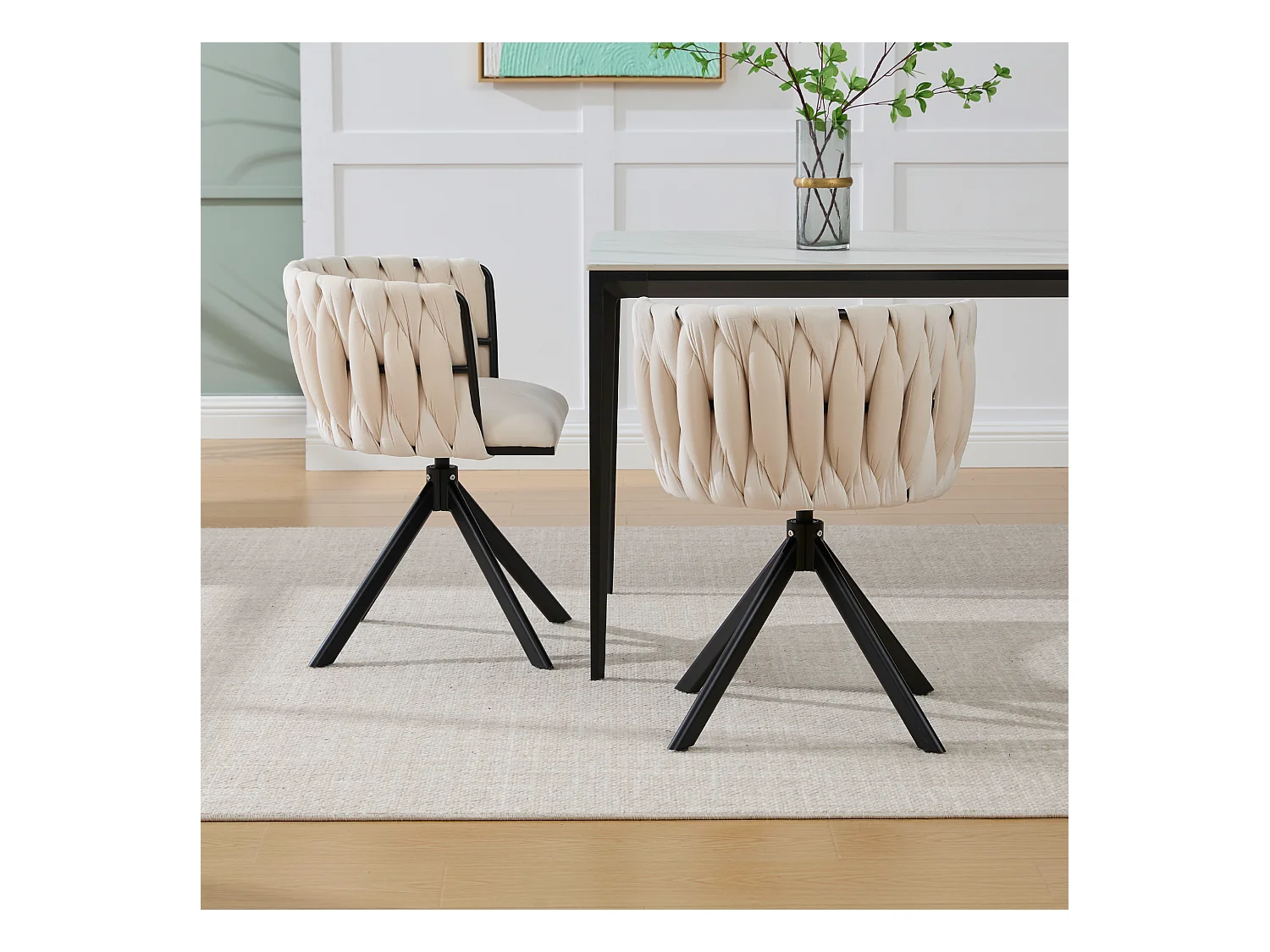 Lot de 2 chaises de salle à manger en velours ivoire avec fonction pivotante et pieds en métal noir