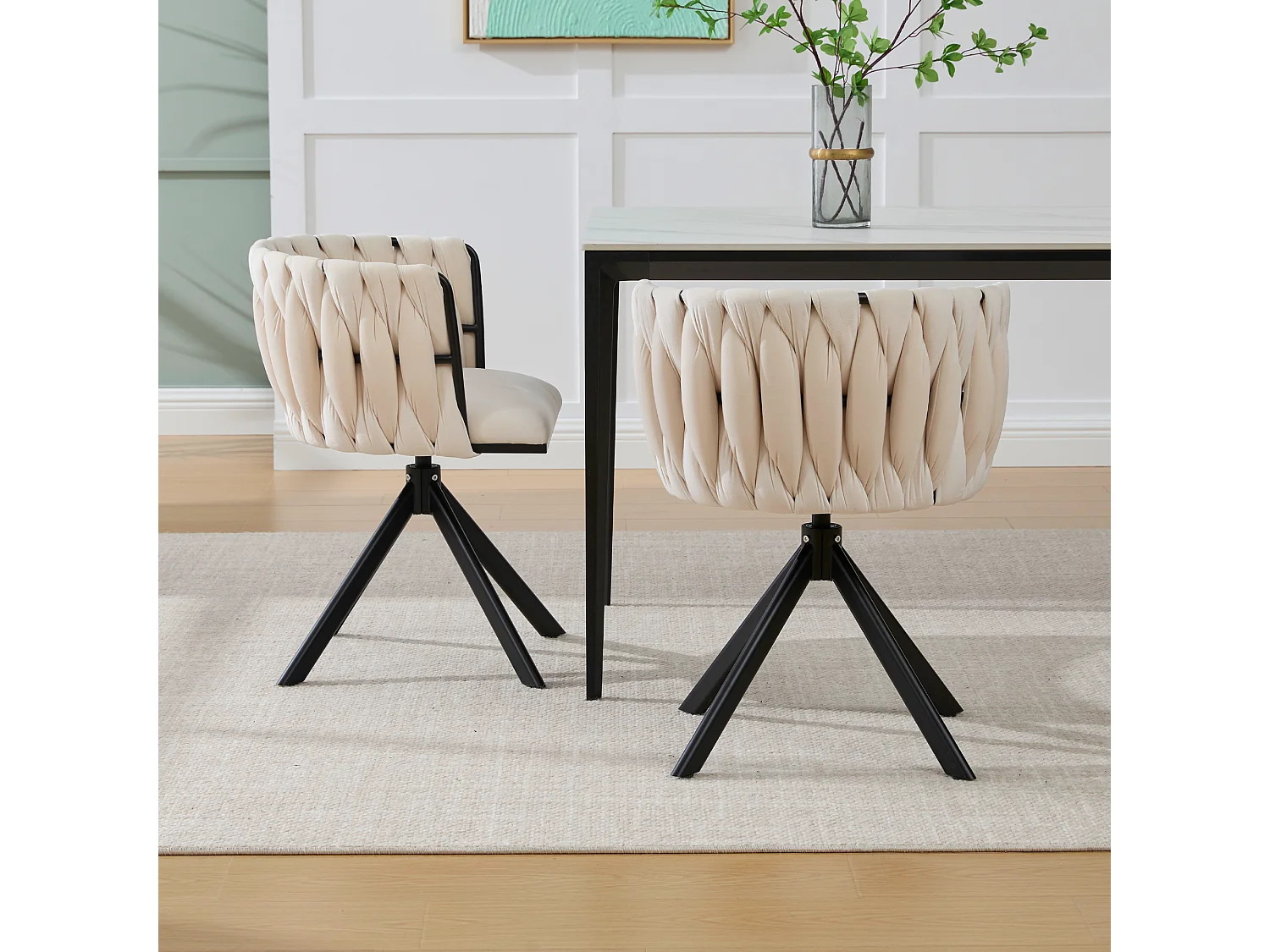 Lot de 2 chaises de salle à manger en velours ivoire avec fonction pivotante et pieds en métal noir
