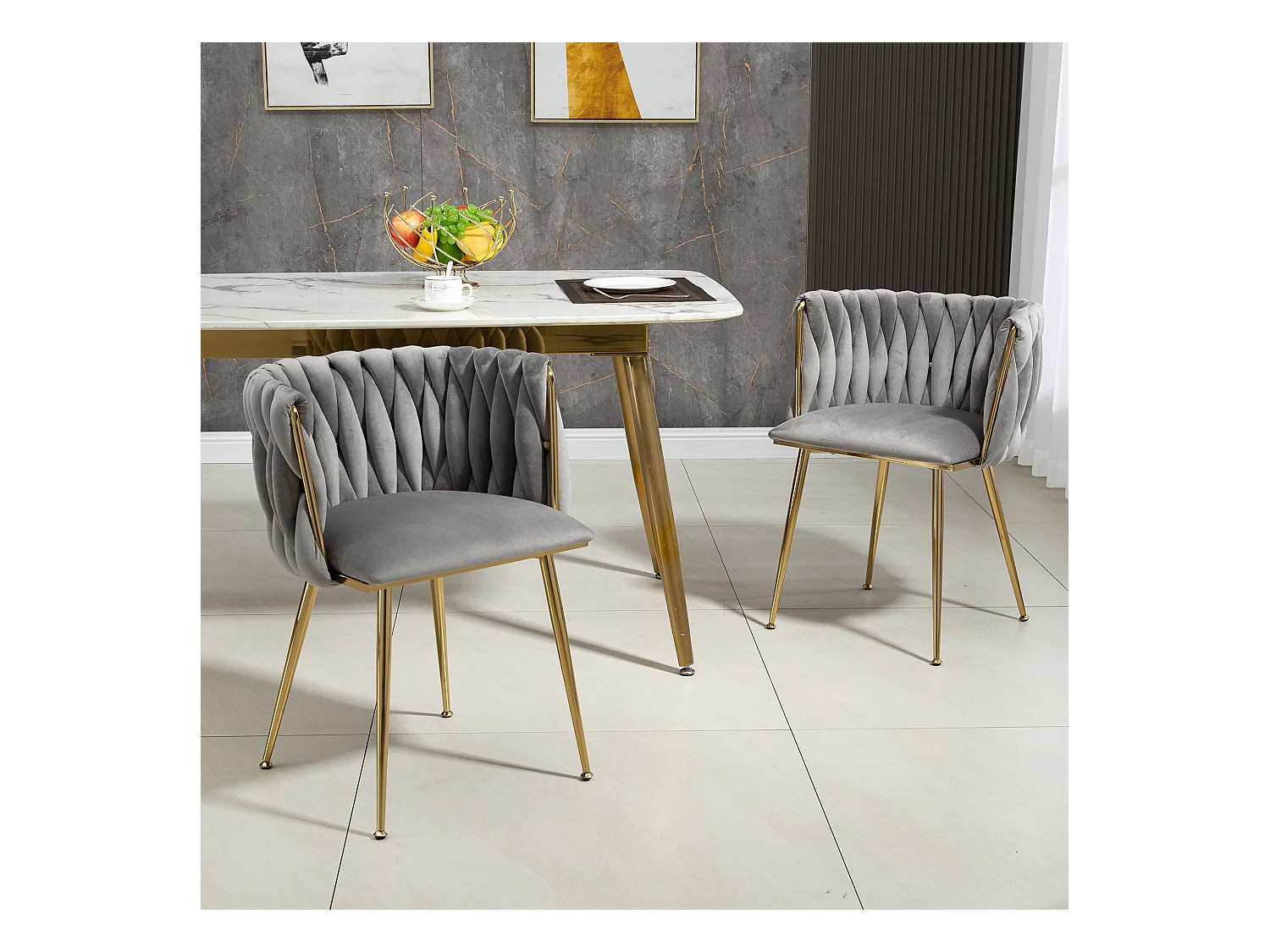 Lot de 2 chaises de salle à manger avec dossier tressé et pieds en métal doré - velours gris