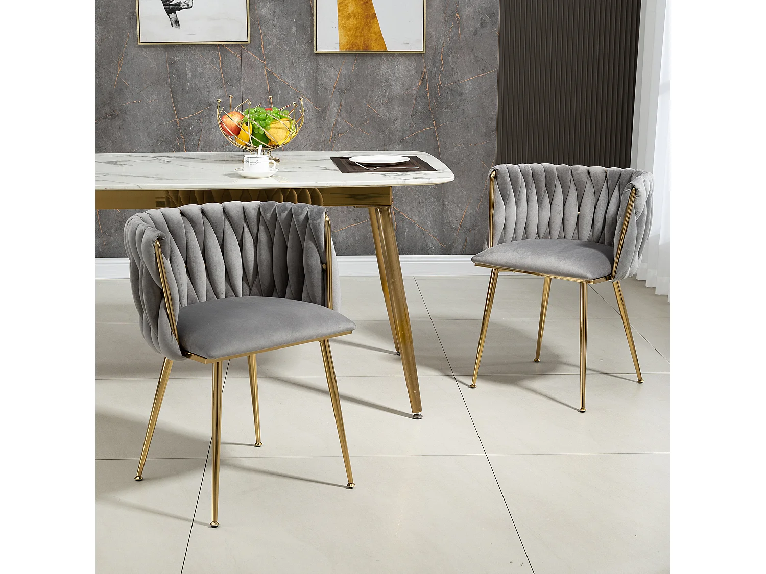 Lot de 2 chaises de salle à manger avec dossier tressé et pieds en métal doré - velours gris