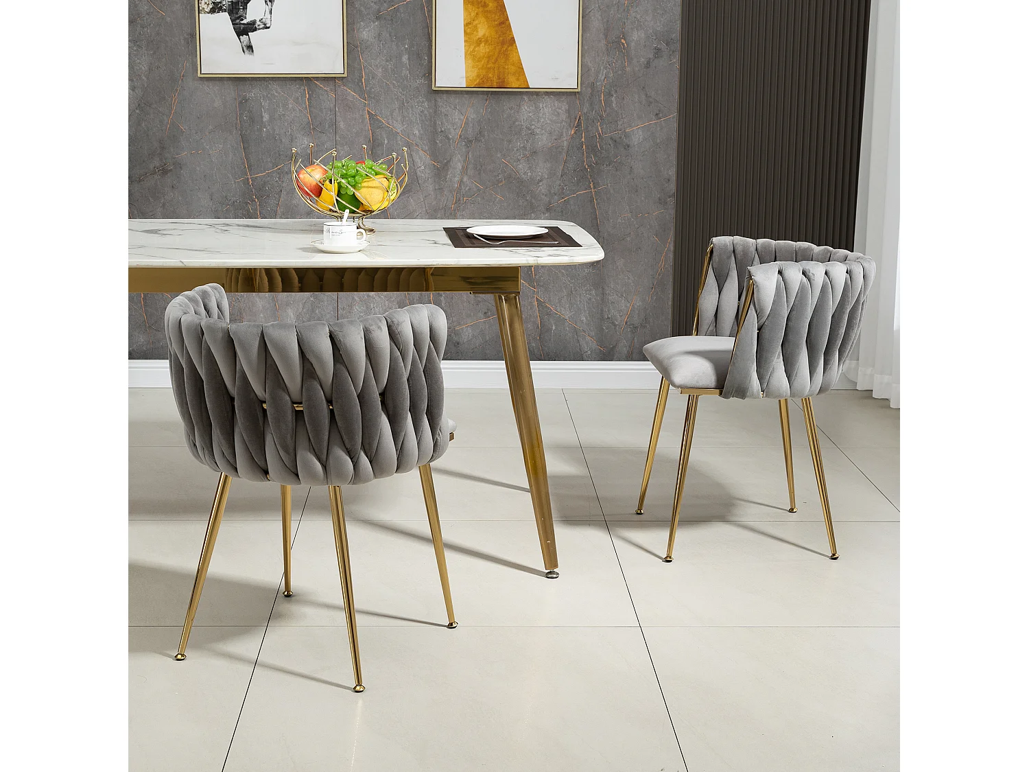 Lot de 2 chaises de salle à manger avec dossier tressé et pieds en métal doré - velours gris