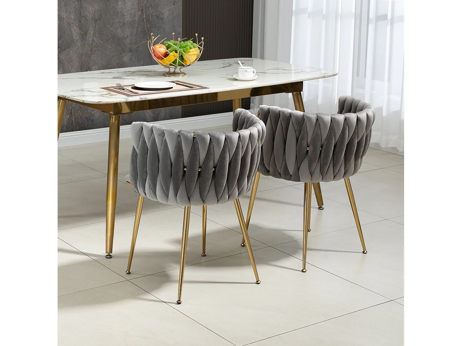 Lot de 2 chaises de salle à manger avec dossier tressé et pieds en métal doré - velours gris