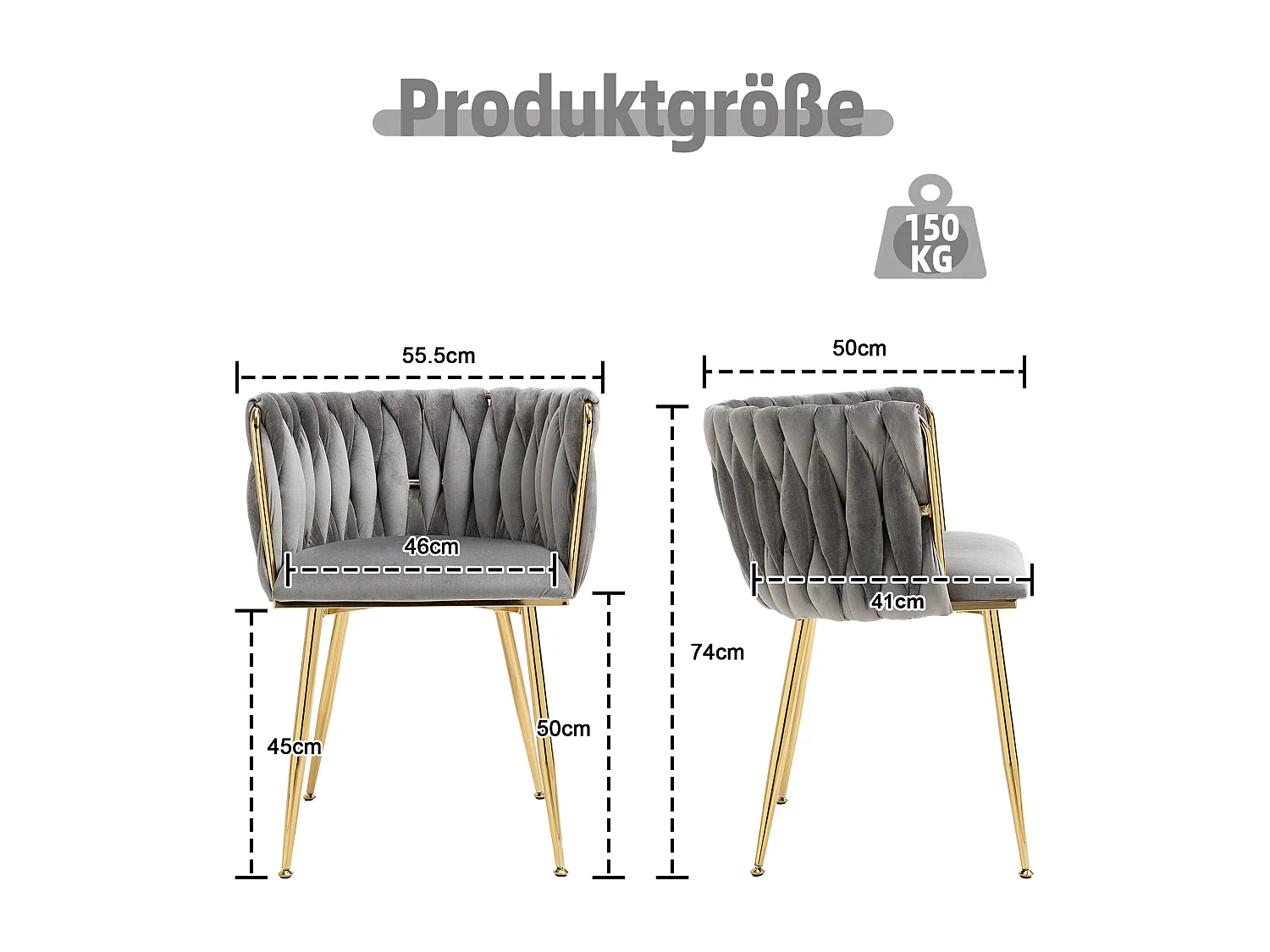 Lot de 2 chaises de salle à manger avec dossier tressé et pieds en métal doré - velours gris