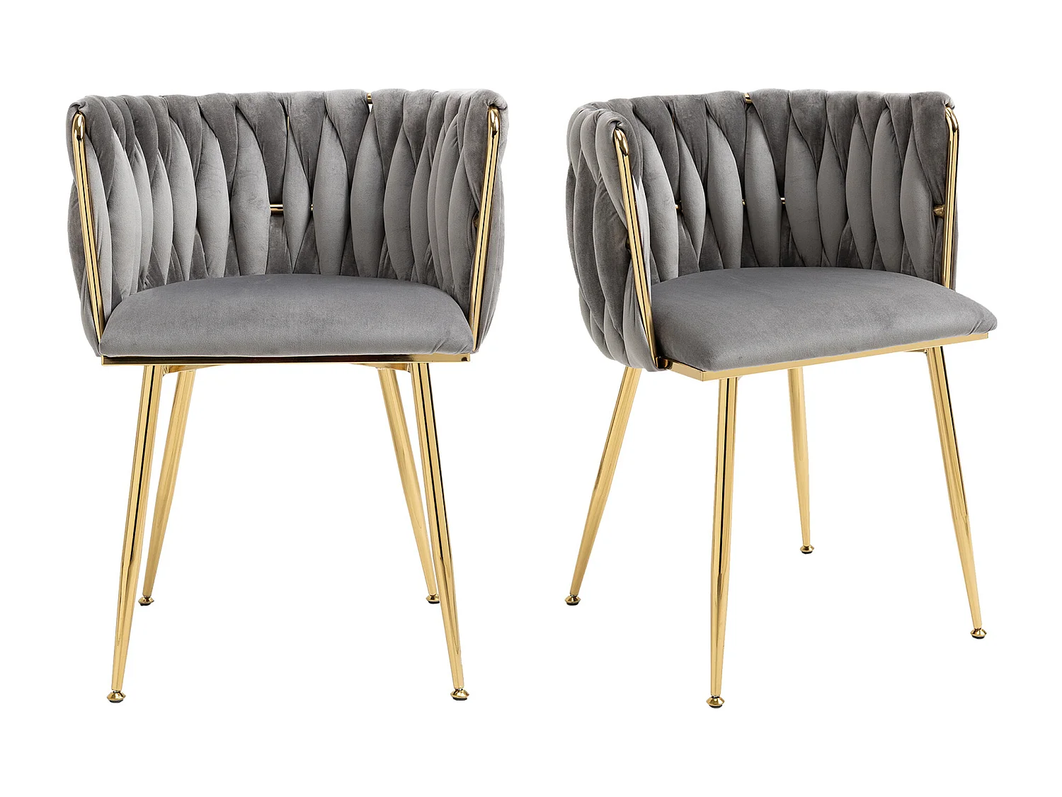Lot de 2 chaises de salle à manger avec dossier tressé et pieds en métal doré - velours gris