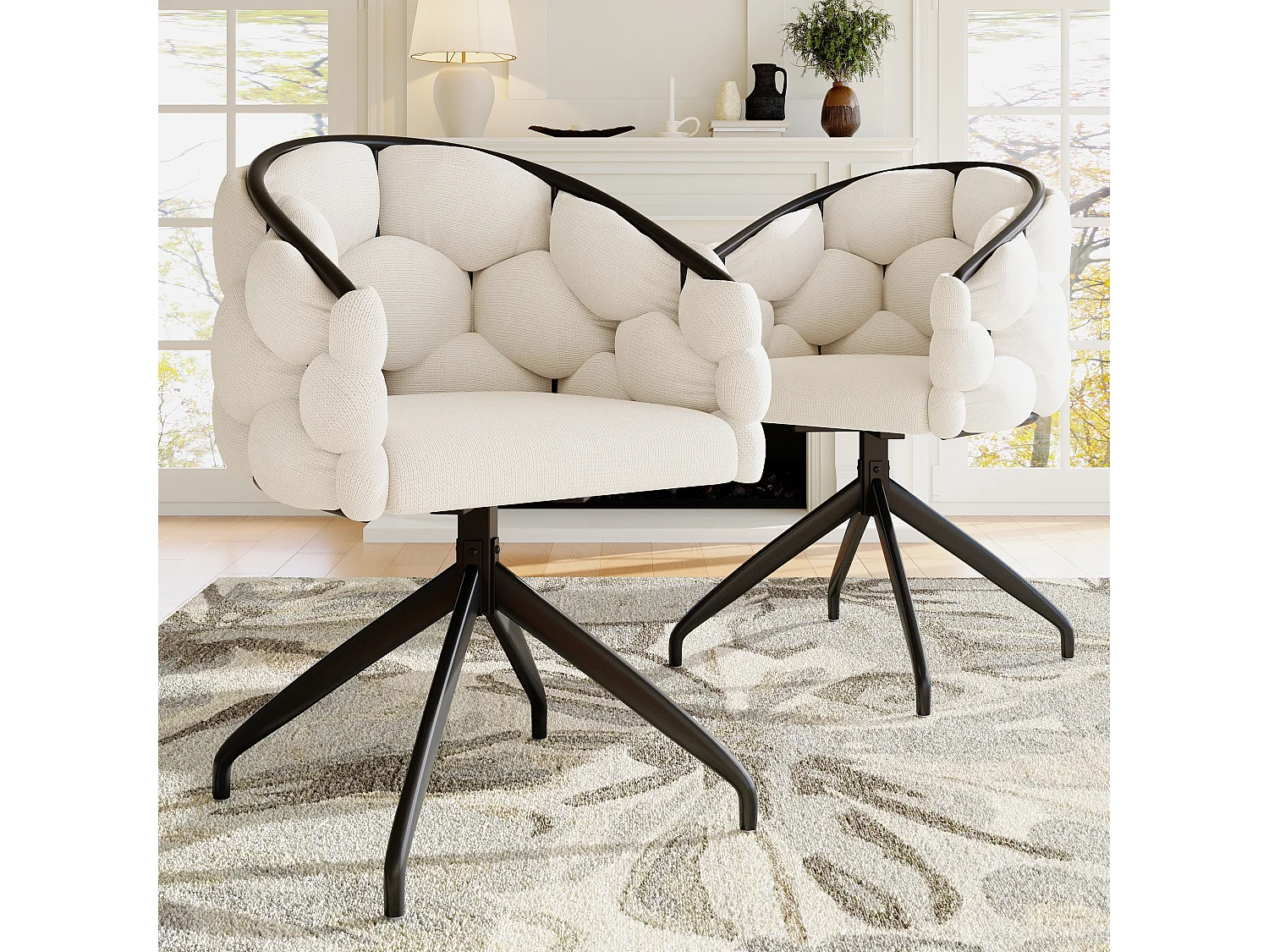 Juego de 2 sillas de comedor giratorias con respaldo y estructura de metal negro - terciopelo beige