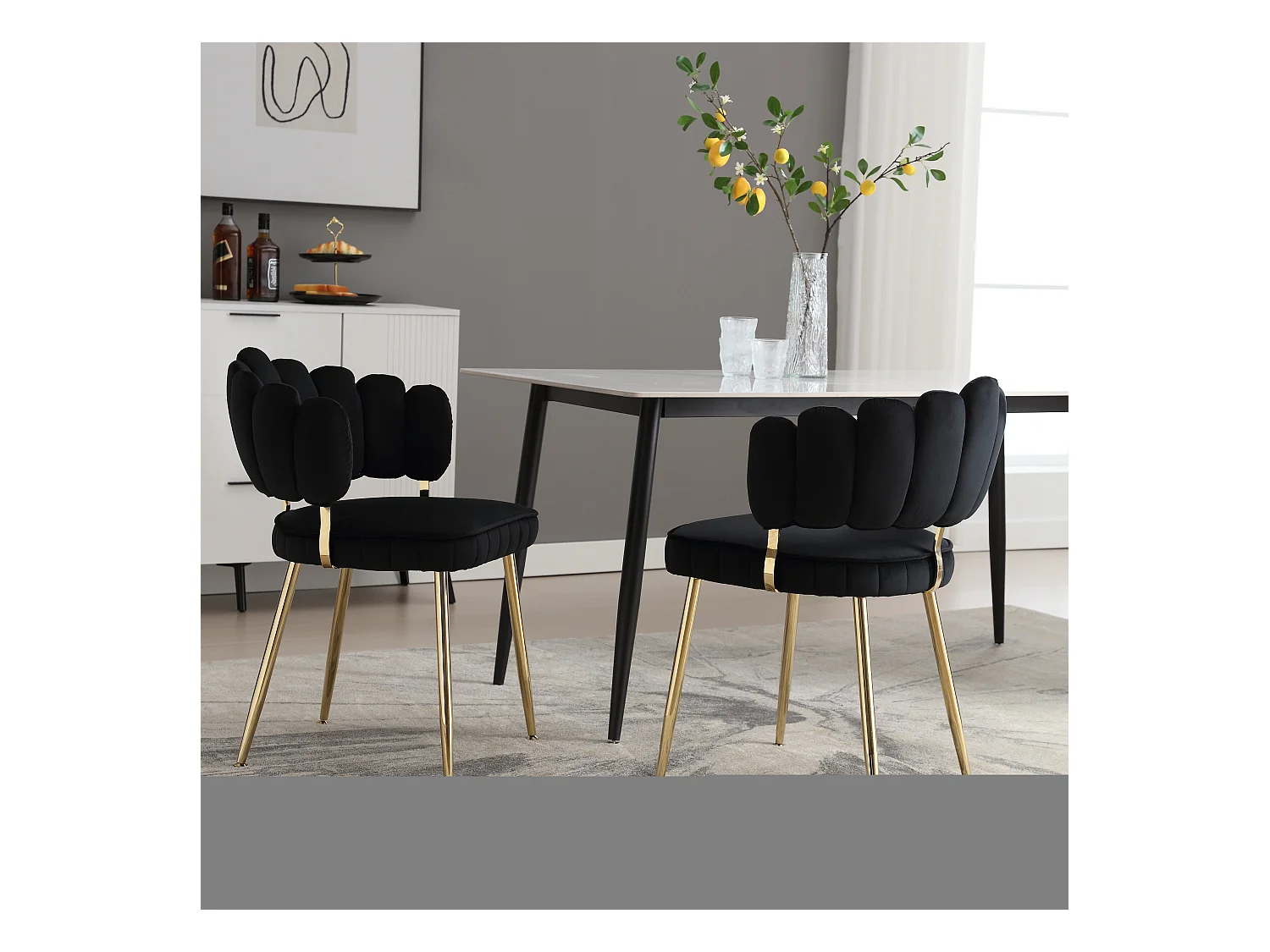 Lot de 2 chaises de salle à manger en velours noir avec dossier rembourré et pieds en métal doré