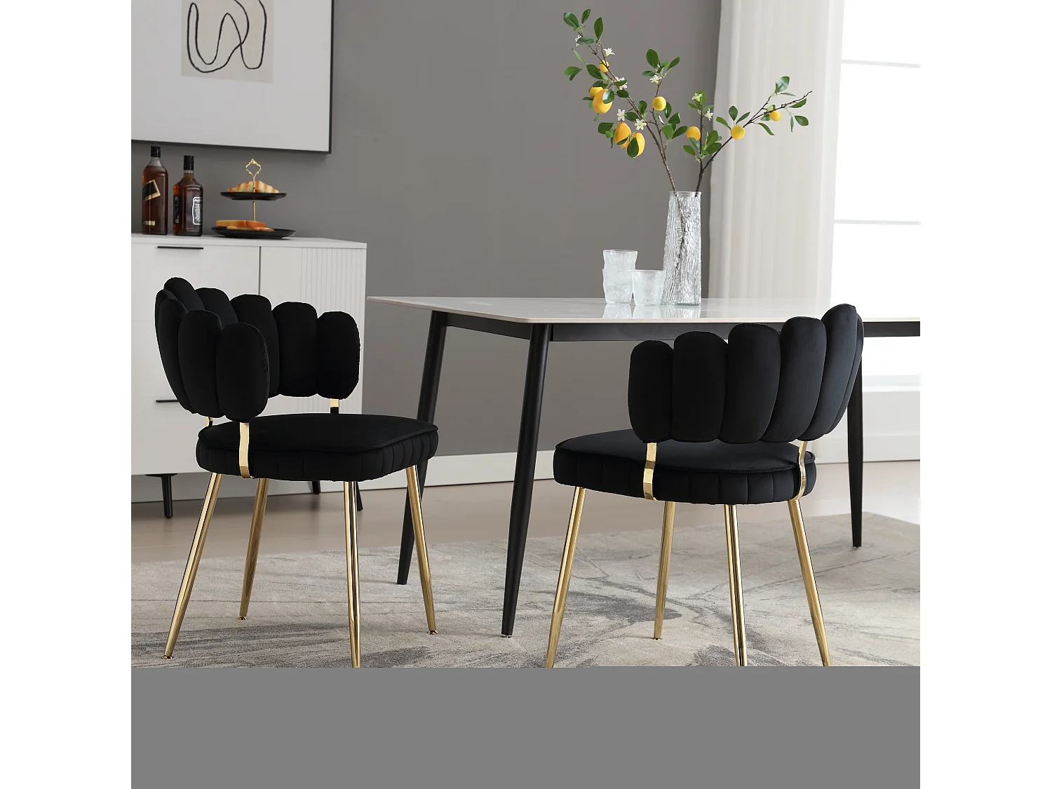 Lot de 2 chaises de salle à manger en velours noir avec dossier rembourré et pieds en métal doré