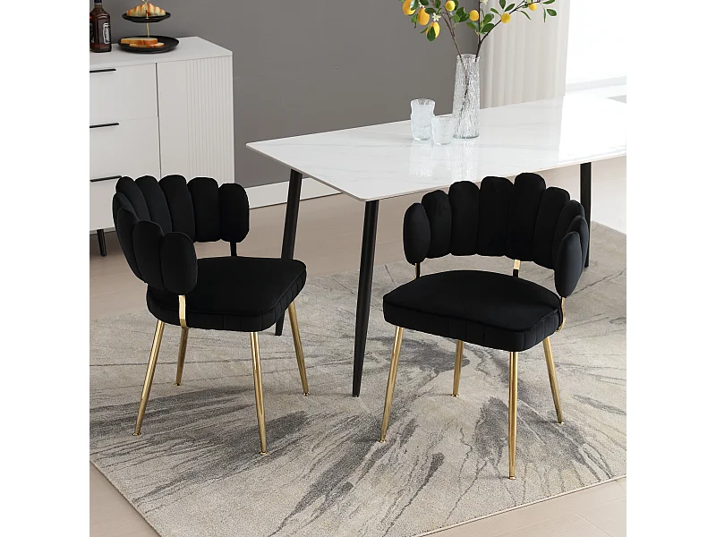 Lot de 2 chaises de salle à manger en velours noir avec dossier rembourré et pieds en métal doré