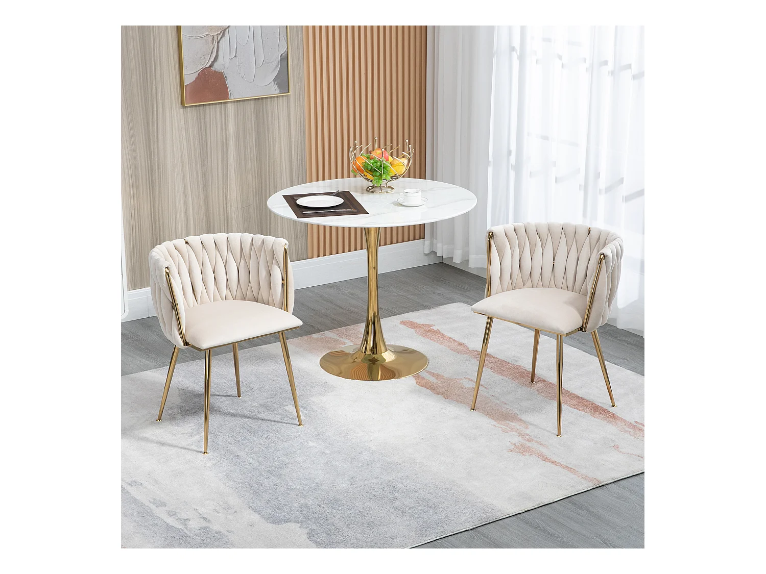 Lot de 2 chaises de salle à manger avec dossier tressé et pieds en métal doré - velours ivoire