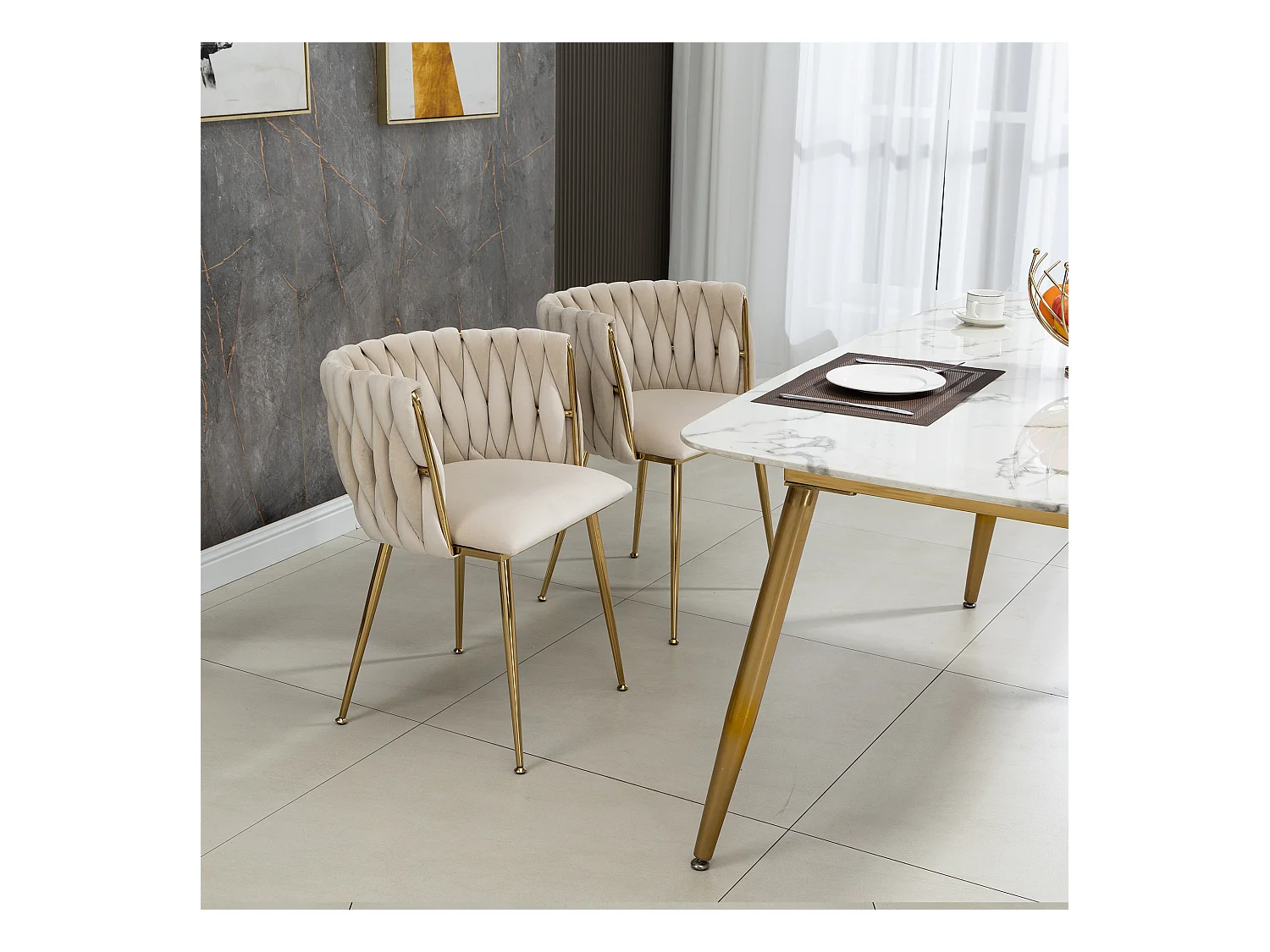 Lot de 2 chaises de salle à manger avec dossier tressé et pieds en métal doré - velours ivoire