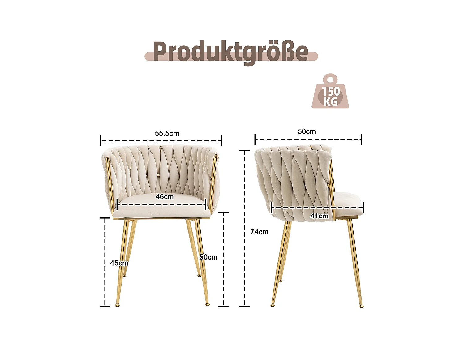 Lot de 2 chaises de salle à manger avec dossier tressé et pieds en métal doré - velours ivoire