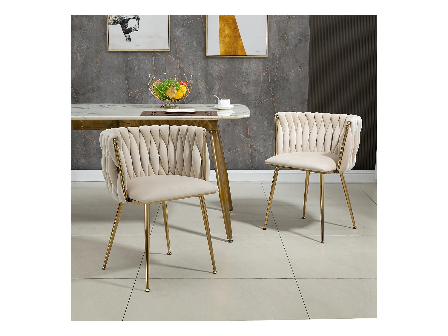 Lot de 2 chaises de salle à manger avec dossier tressé et pieds en métal doré - velours ivoire