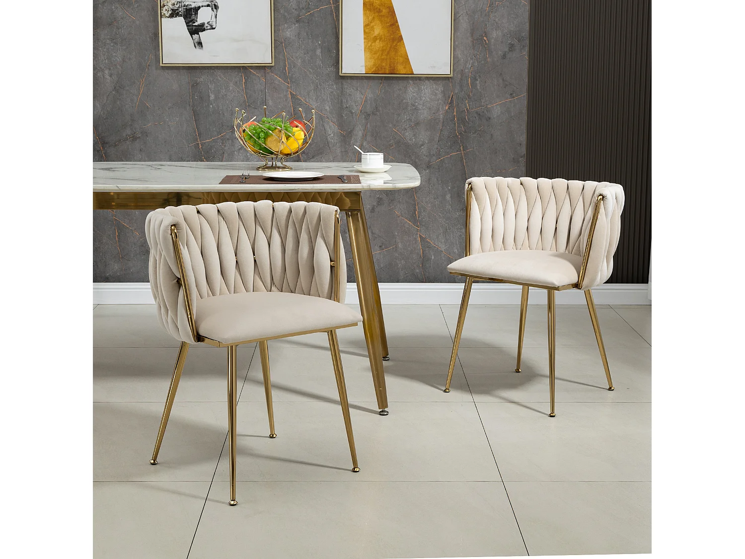 Lot de 2 chaises de salle à manger avec dossier tressé et pieds en métal doré - velours ivoire