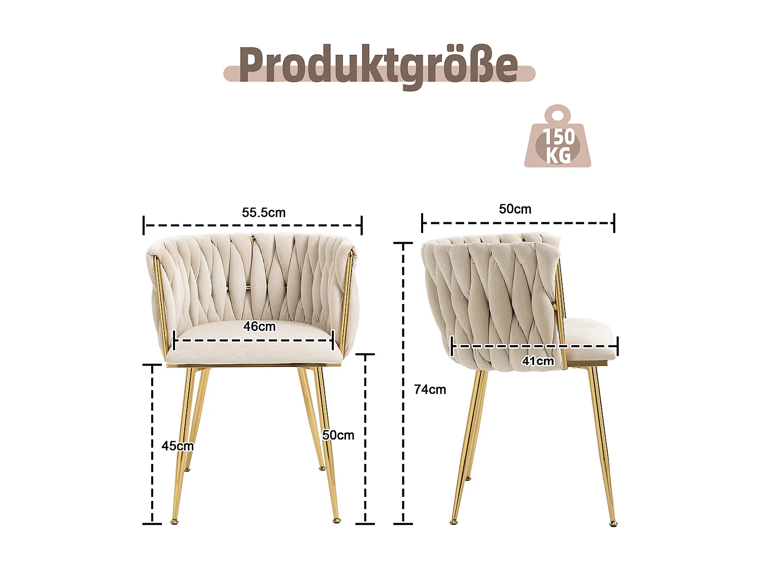 Lot de 2 chaises de salle à manger avec dossier tressé et pieds en métal doré - velours ivoire