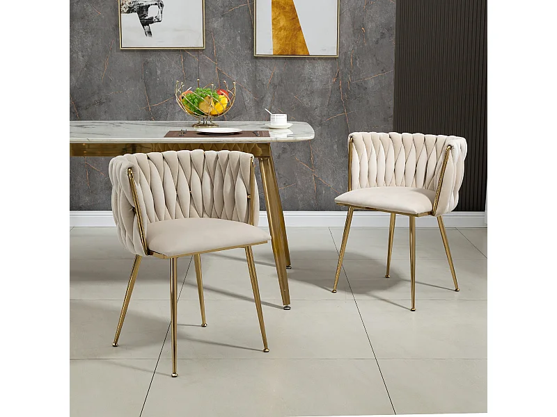 Lot de 2 chaises de salle à manger avec dossier tressé et pieds en métal doré - velours ivoire