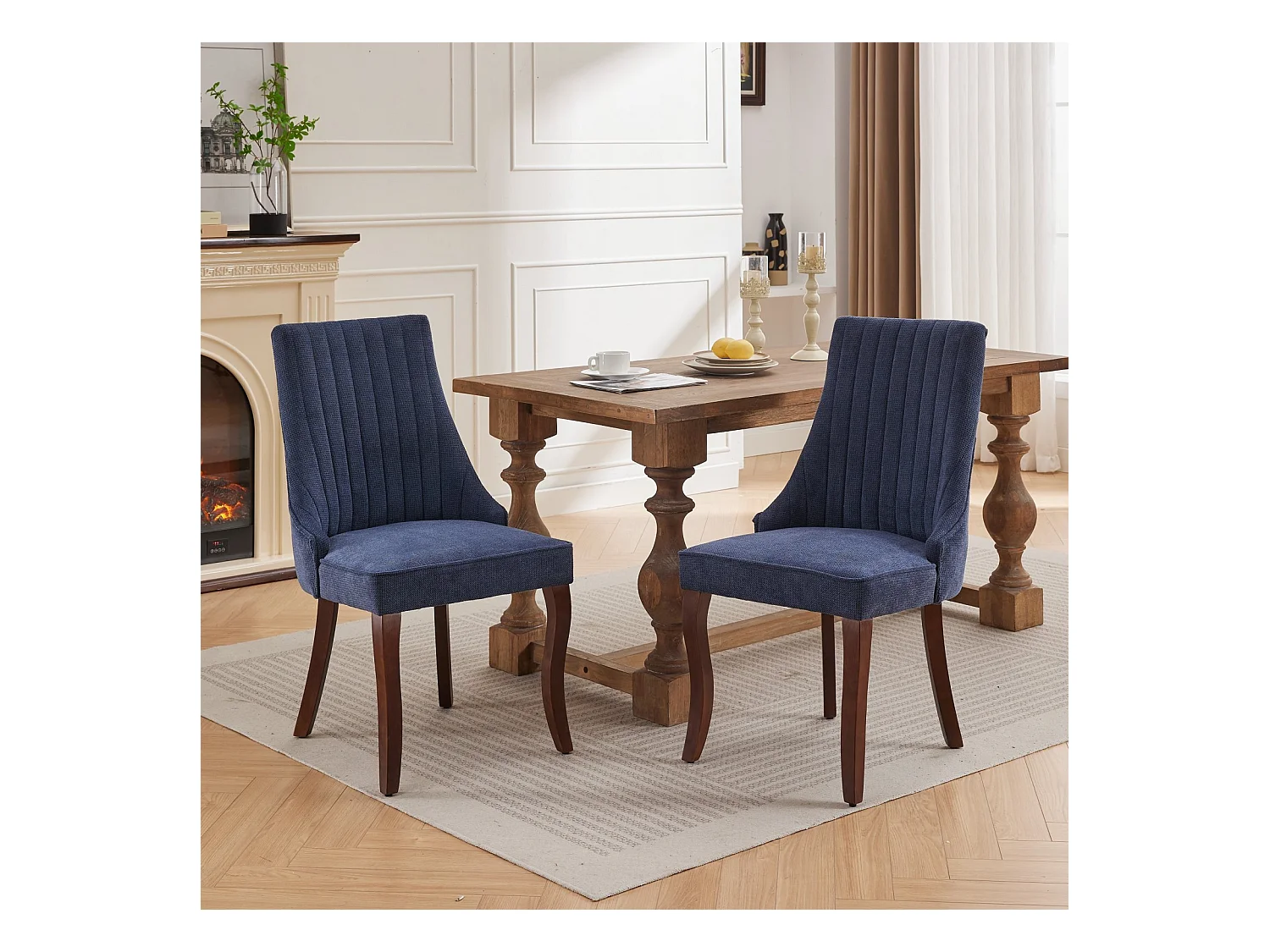 Lot de 2 chaises de salle à manger avec dossier rembourré et pieds en bois - Chenille bleu