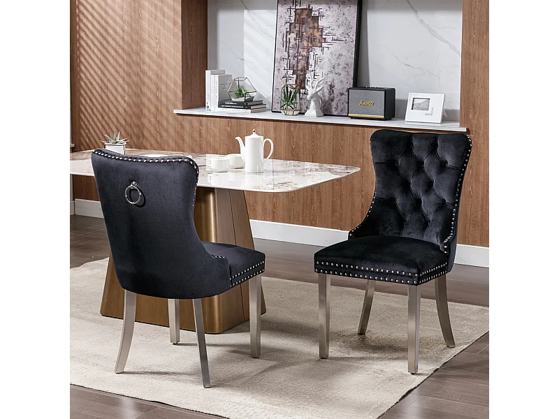 Zestaw 2 krzeseł do jadalni z czarnego aksamitu z tapicerowanym oparciem i srebrnymi metalowymi nogami