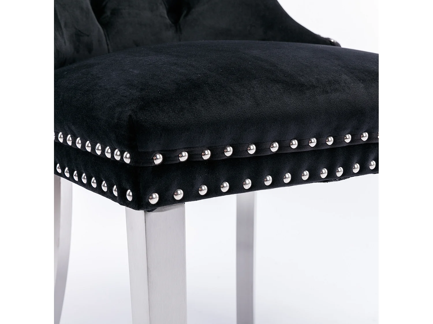 Lot de 2 chaises de salle à manger en velours noir avec dossier rembourré et pieds en métal argenté