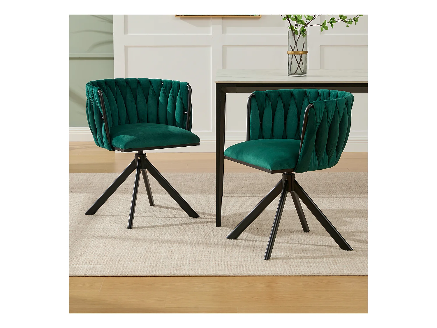 Lot de 2 chaises de salle à manger en velours vert avec fonction pivotante et pieds en métal noir