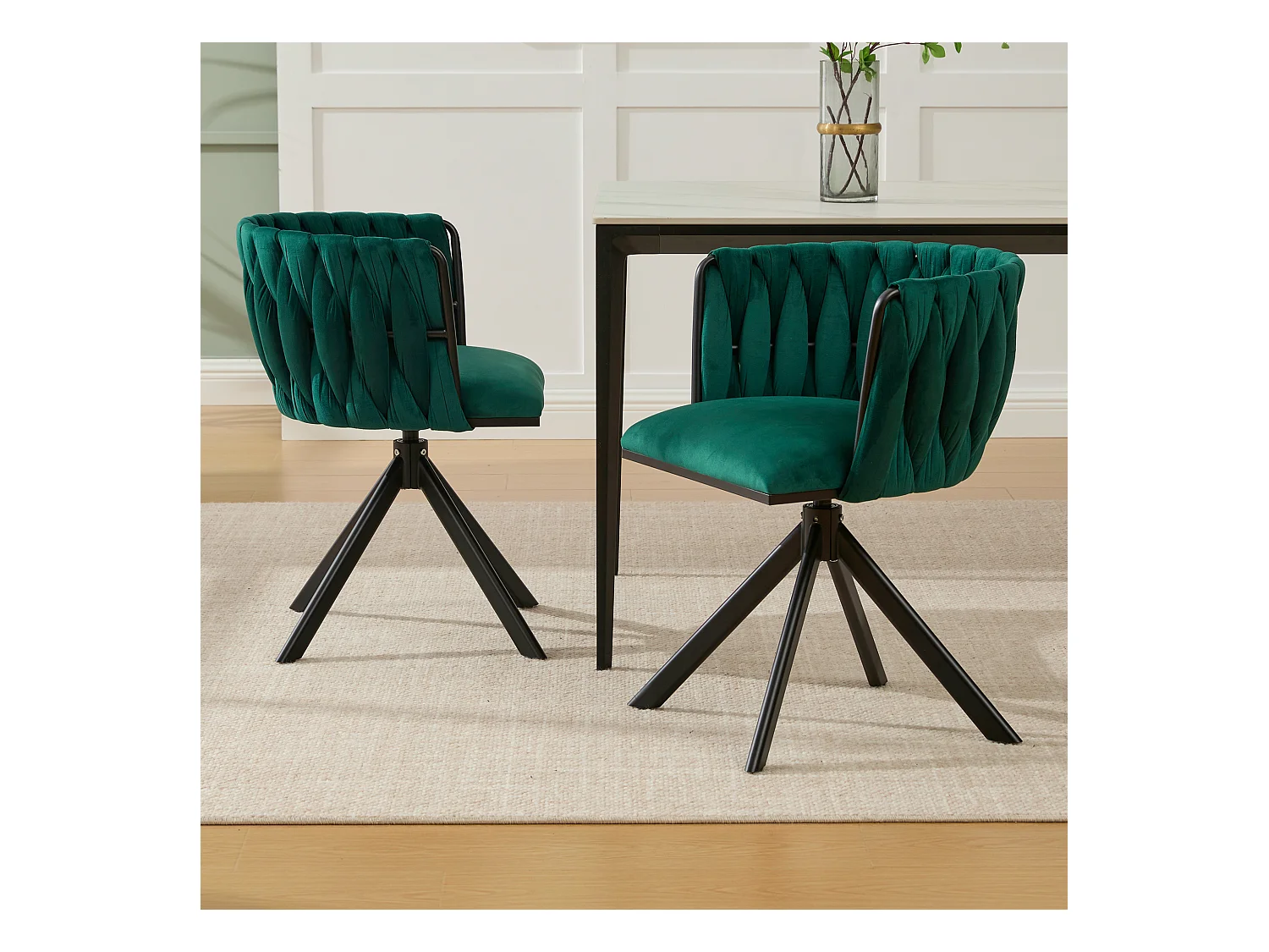 Lot de 2 chaises de salle à manger en velours vert avec fonction pivotante et pieds en métal noir