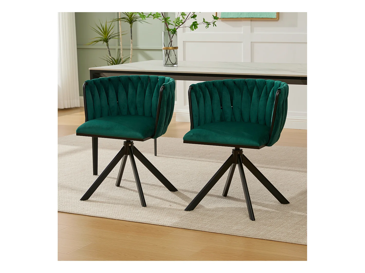 Lot de 2 chaises de salle à manger en velours vert avec fonction pivotante et pieds en métal noir