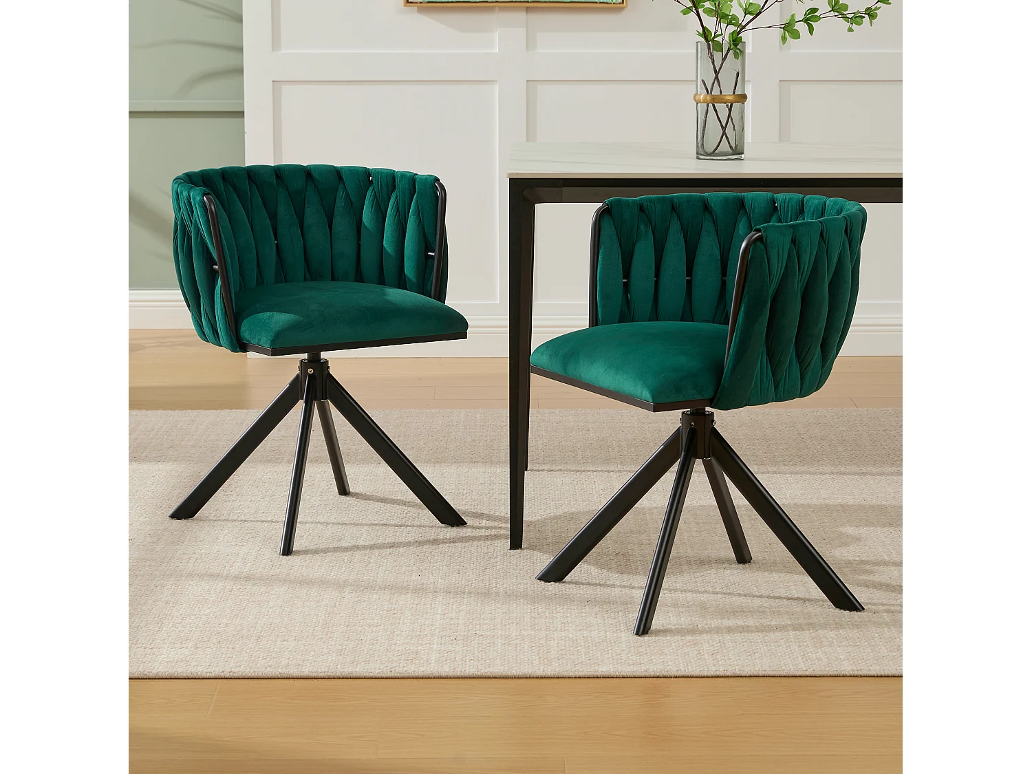 Lot de 2 chaises de salle à manger en velours vert avec fonction pivotante et pieds en métal noir