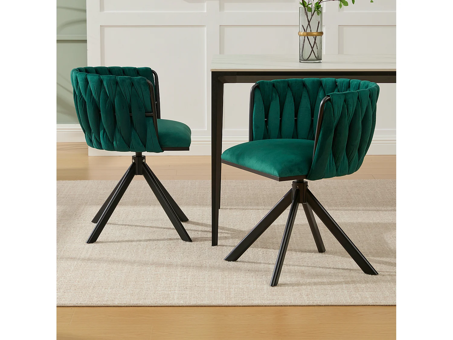Lot de 2 chaises de salle à manger en velours vert avec fonction pivotante et pieds en métal noir