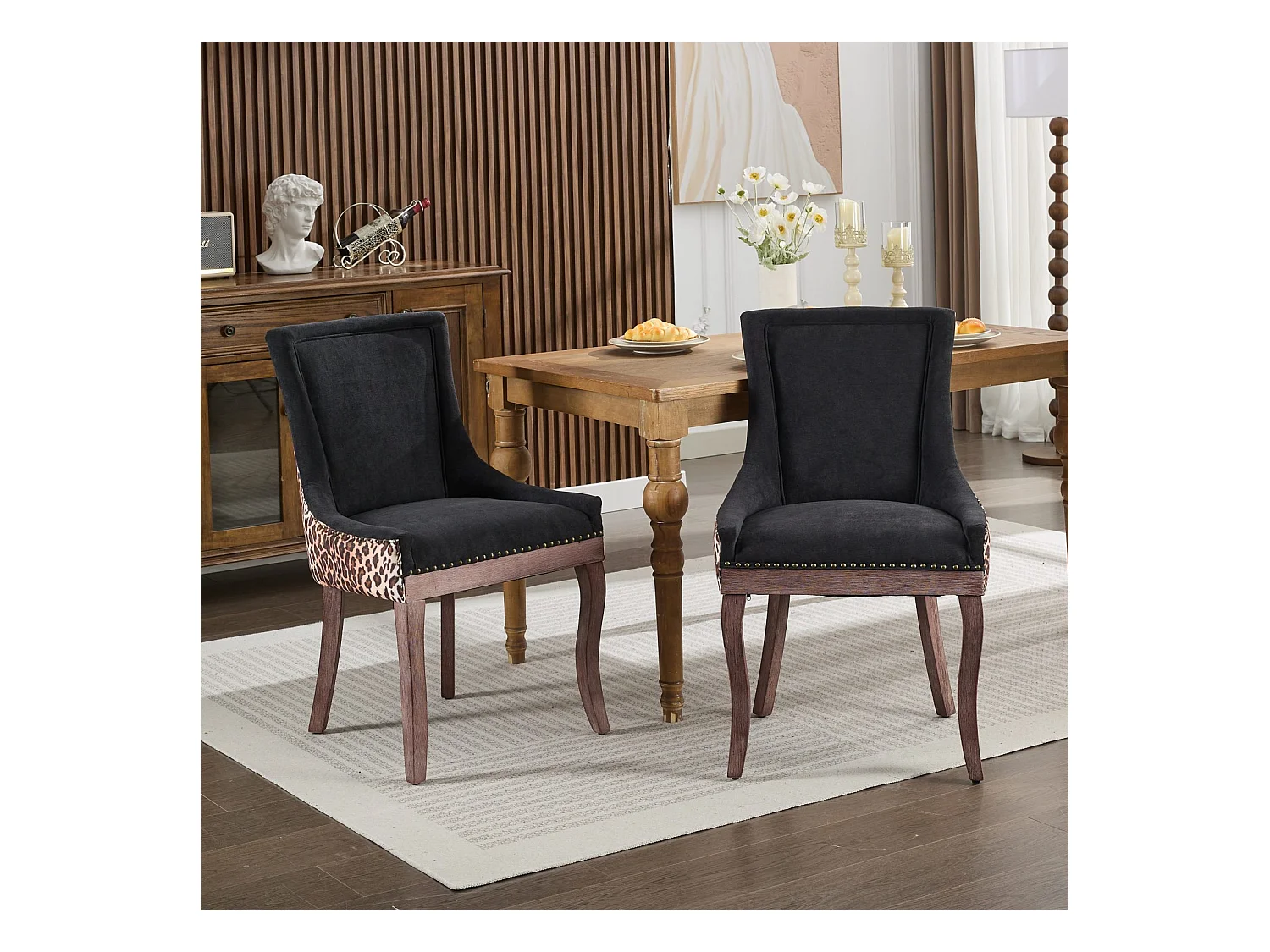 Lot de 2 chaises de salle à manger en chenille avec dossier et garniture cloutée - noir et léopard