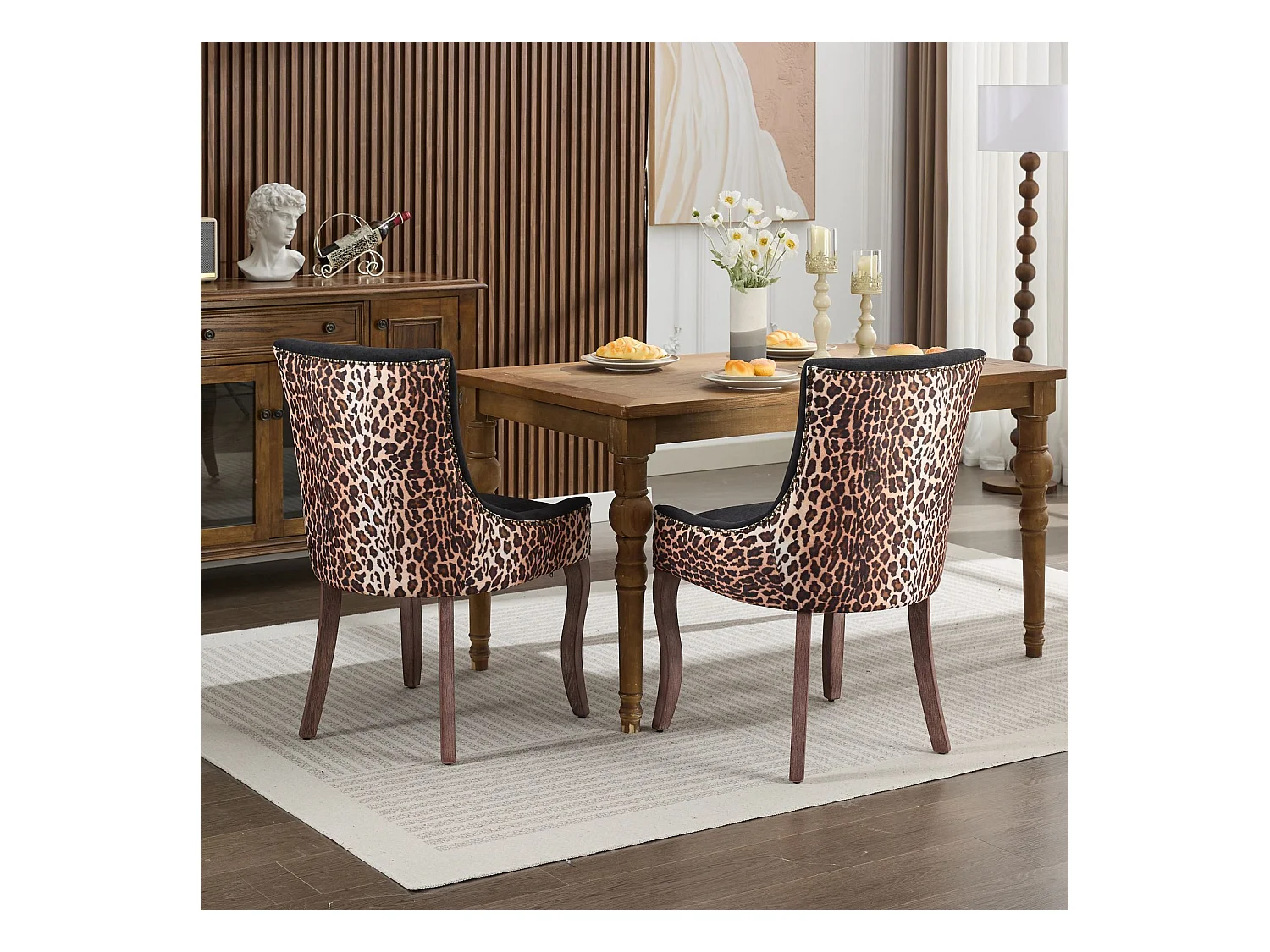 Lot de 2 chaises de salle à manger en chenille avec dossier et garniture cloutée - noir et léopard