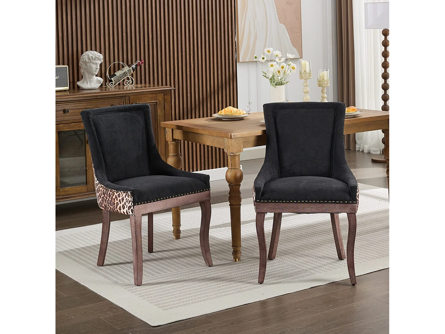 Juego de 2 sillas de comedor en chenilla con tachuelas decorativas y respaldo - negro y estampado leopardo
