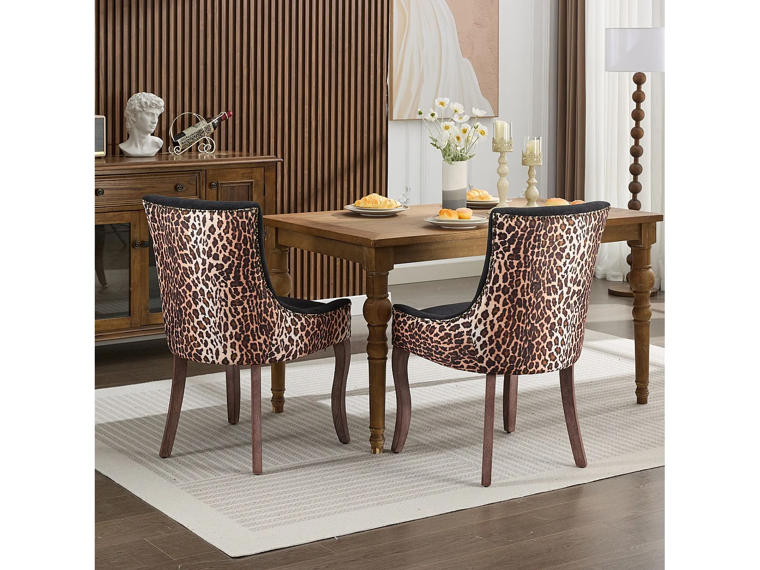 Juego de 2 sillas de comedor en chenilla con tachuelas decorativas y respaldo - negro y estampado leopardo