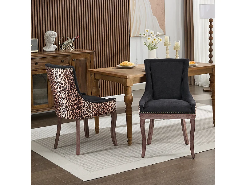 Lot de 2 chaises de salle à manger en chenille avec dossier et garniture cloutée - noir et léopard