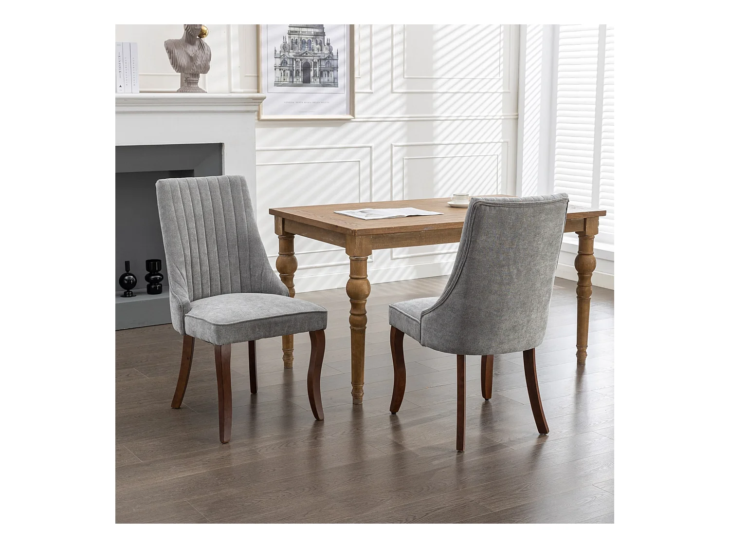 Lot de 2 chaises de salle à manger avec dossier rembourré et pieds en bois - Chenille gris