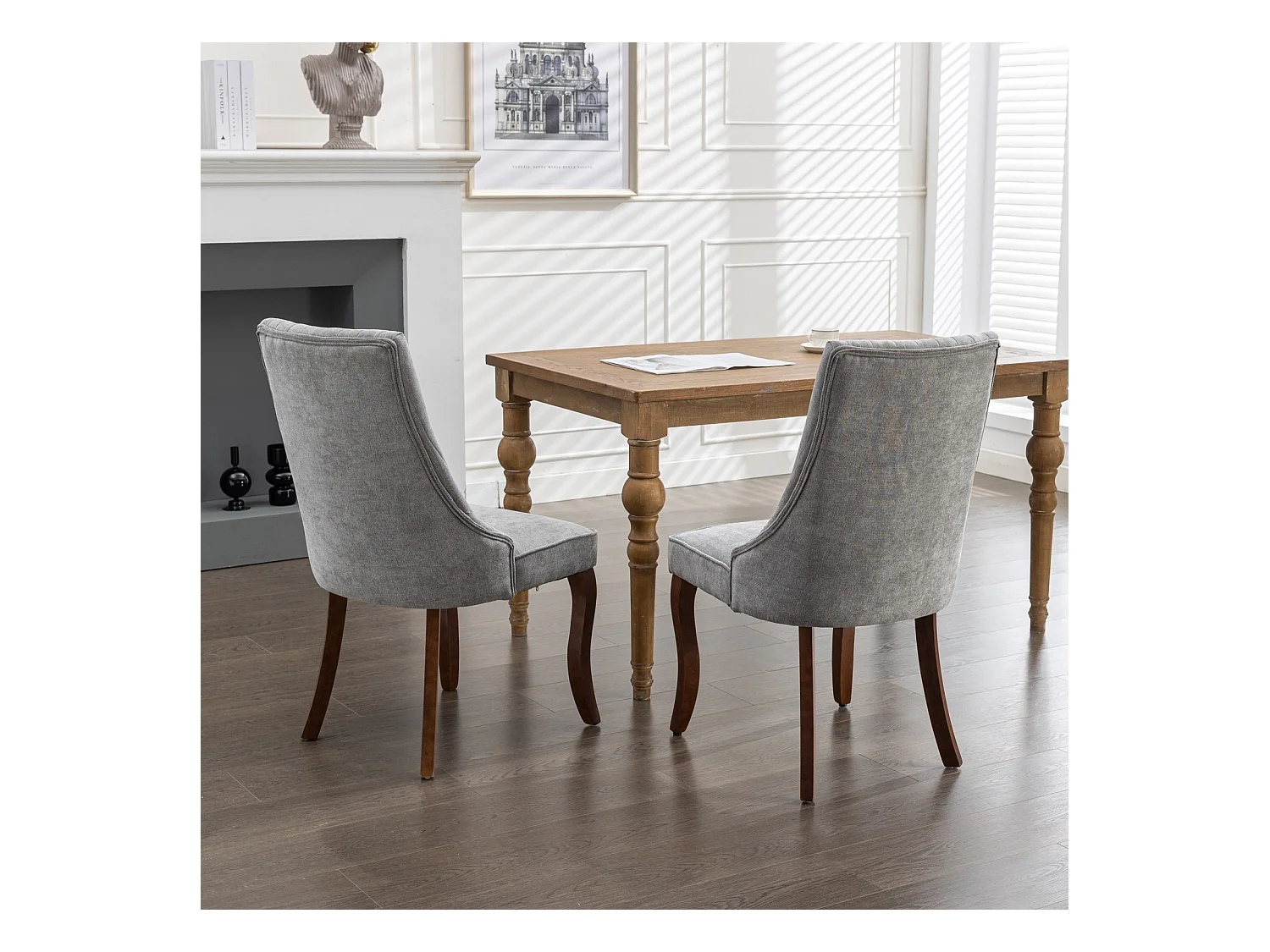 Lot de 2 chaises de salle à manger avec dossier rembourré et pieds en bois - Chenille gris