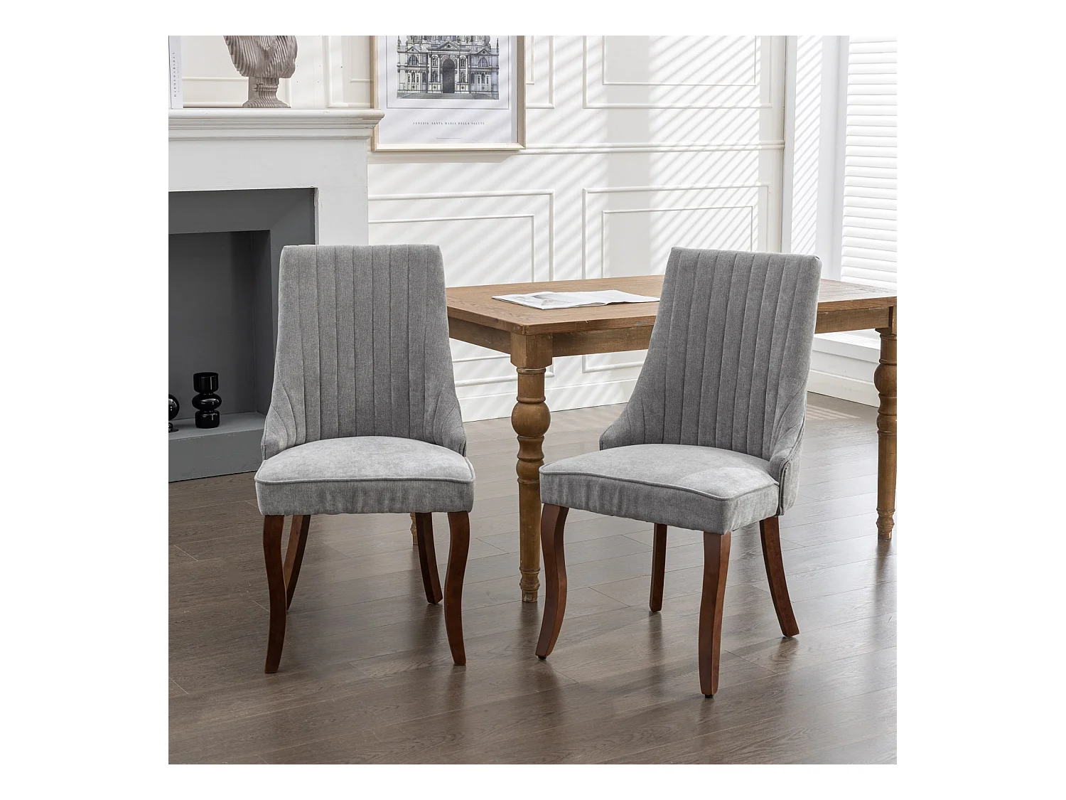 Lot de 2 chaises de salle à manger avec dossier rembourré et pieds en bois - Chenille gris
