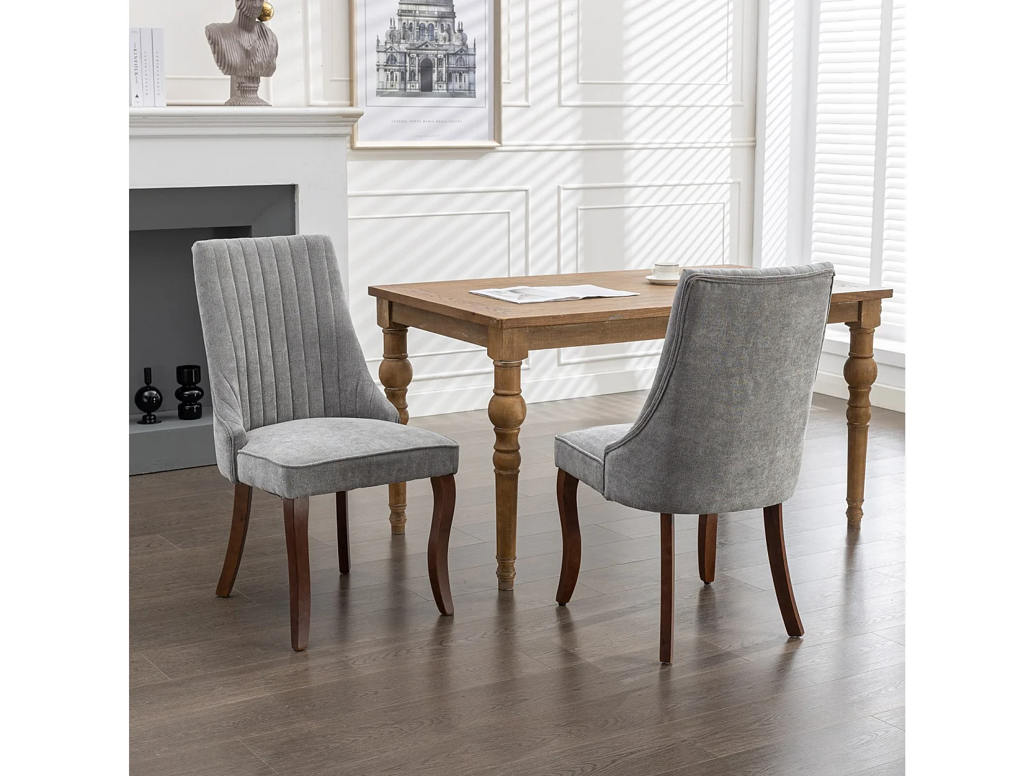 Lot de 2 chaises de salle à manger avec dossier rembourré et pieds en bois - Chenille gris