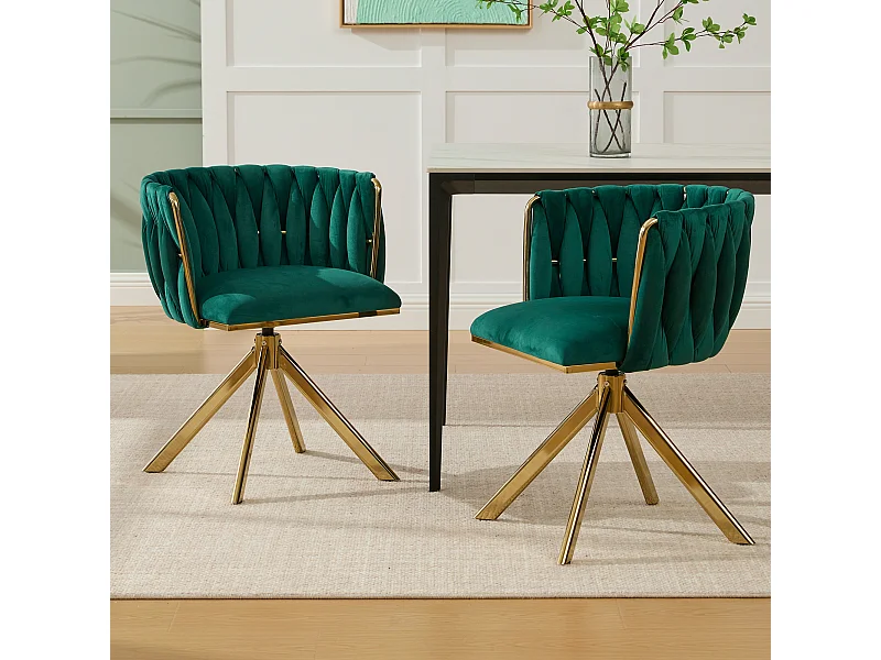 Juego de 2 sillas de comedor de terciopelo verde con función giratoria y patas de metal dorado