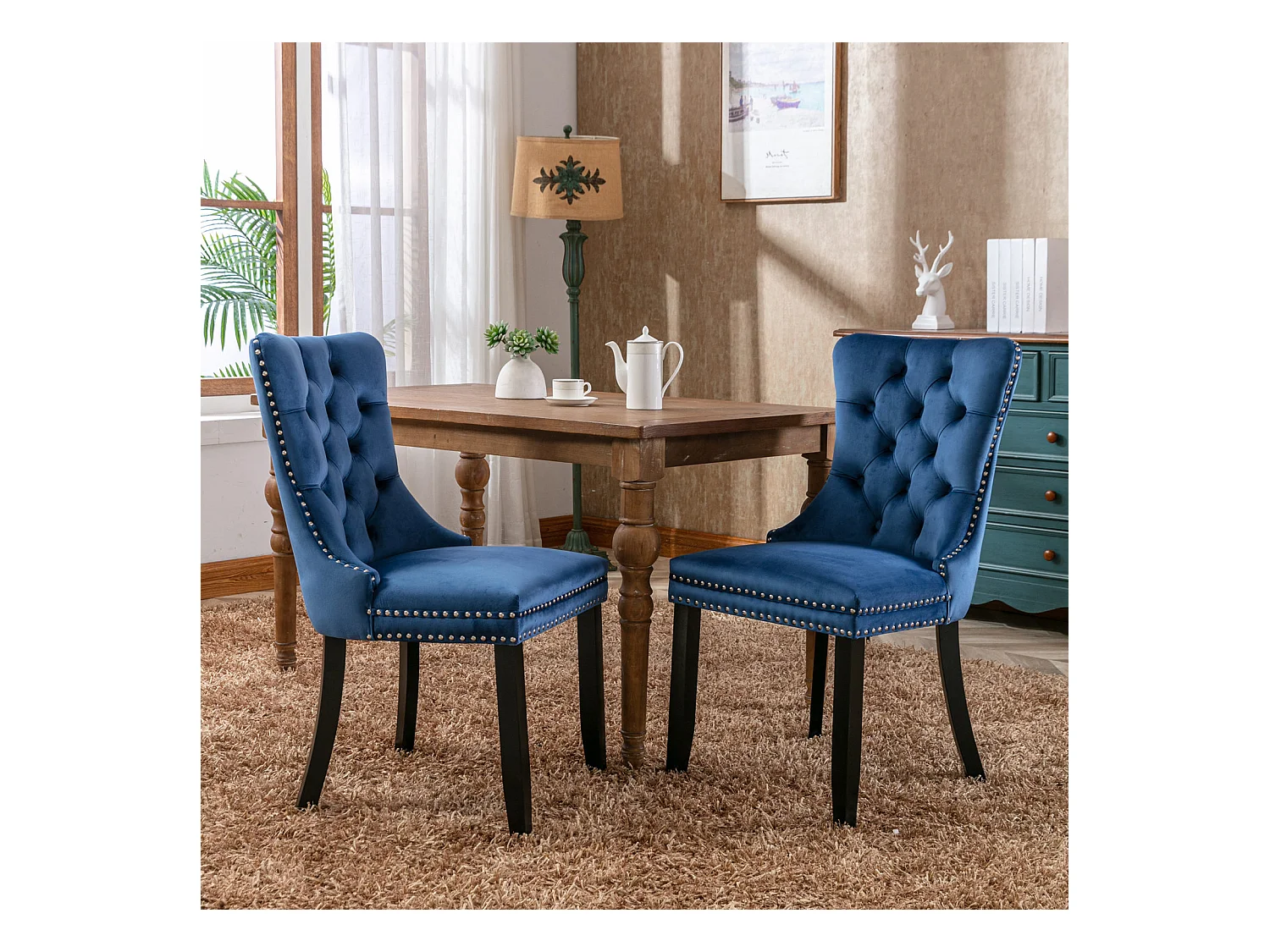 Lot de 2 chaises de salle à manger en velours bleu avec garniture cloutée et dossier rembourré