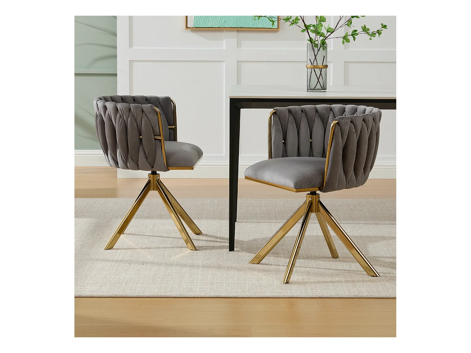 Lot de 2 chaises de salle à manger en velours gris avec fonction pivotante et pieds en métal doré