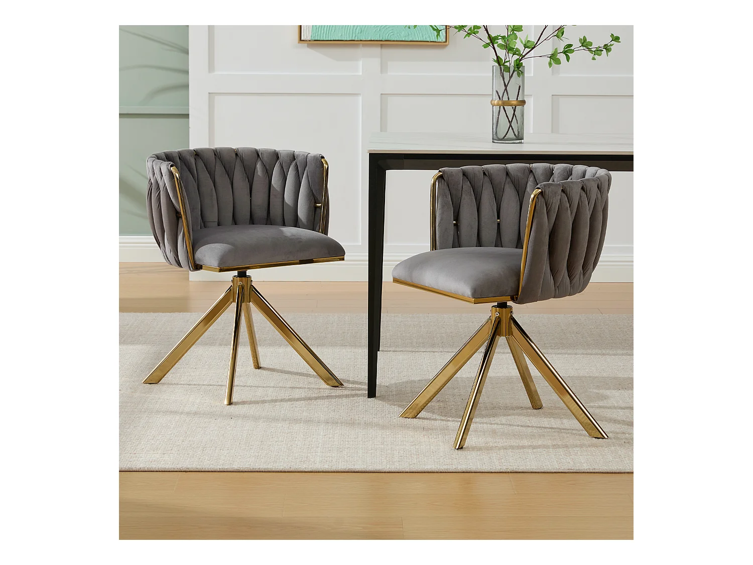 Lot de 2 chaises de salle à manger en velours gris avec fonction pivotante et pieds en métal doré
